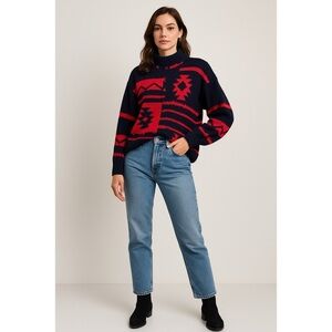 Ambridge Dry Goods Womens XL Aztec Sweater Navy Red Southwestern Retro Knit 90s